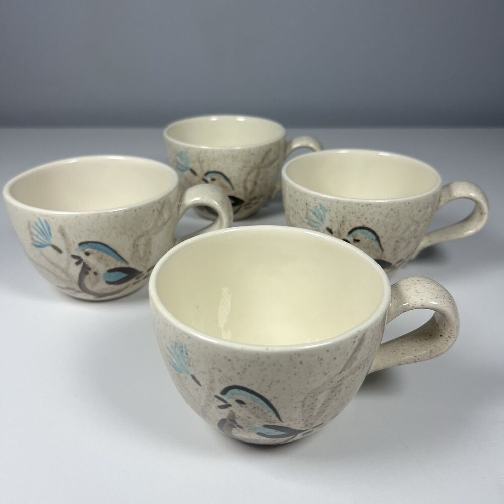 4 Vtg Red Wing Bob White Mugs Quail MCM Hand Painted Speckled Pottery Set USA